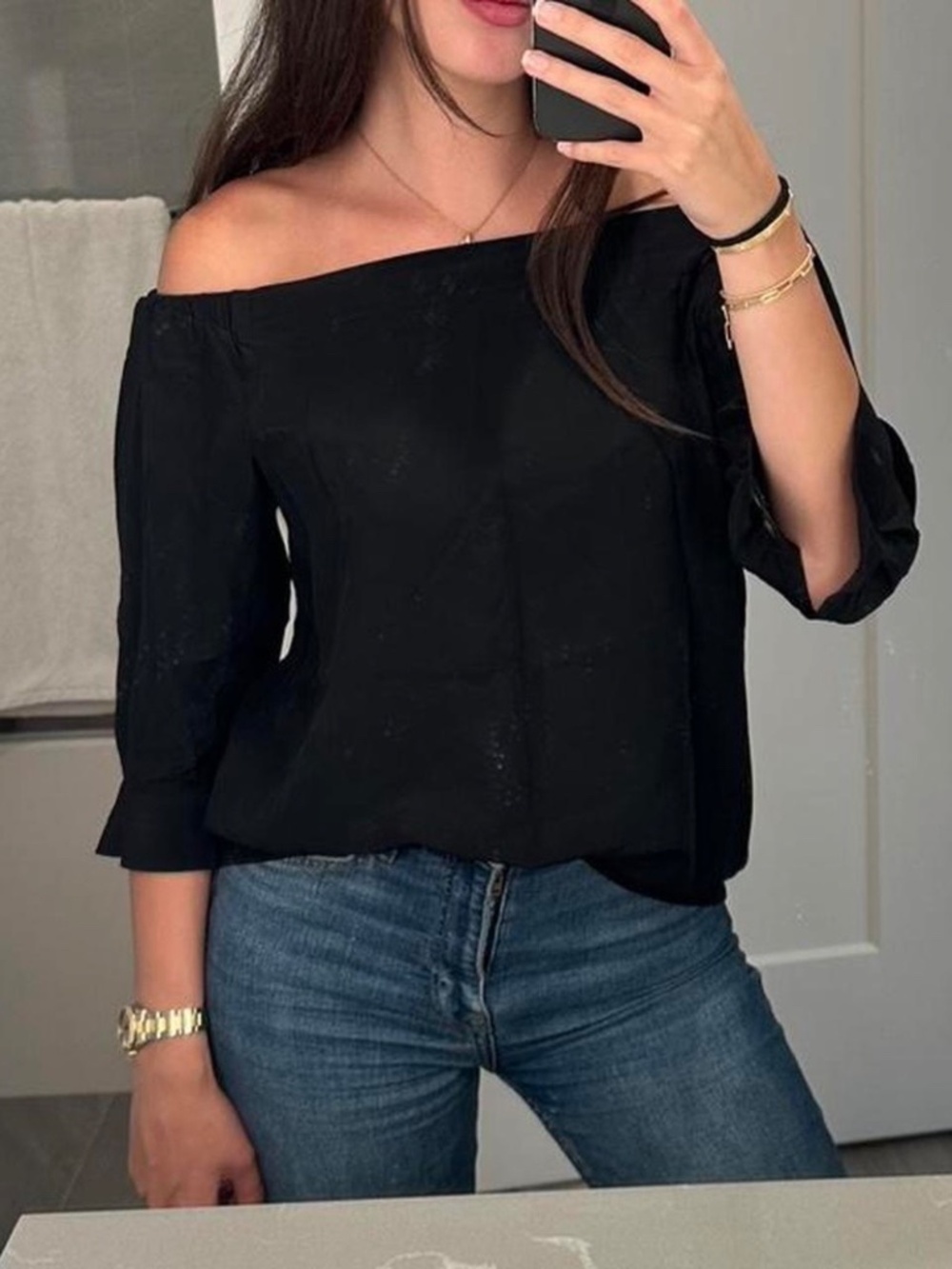 Theory black silk off the shoulder top size S